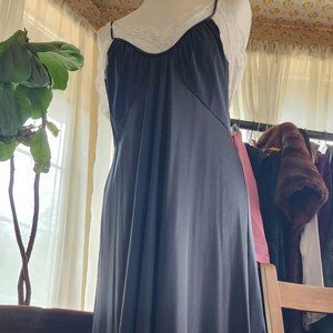 Vintage 1970s black satin night gown slip w lace, lingerie negligee nightdress b